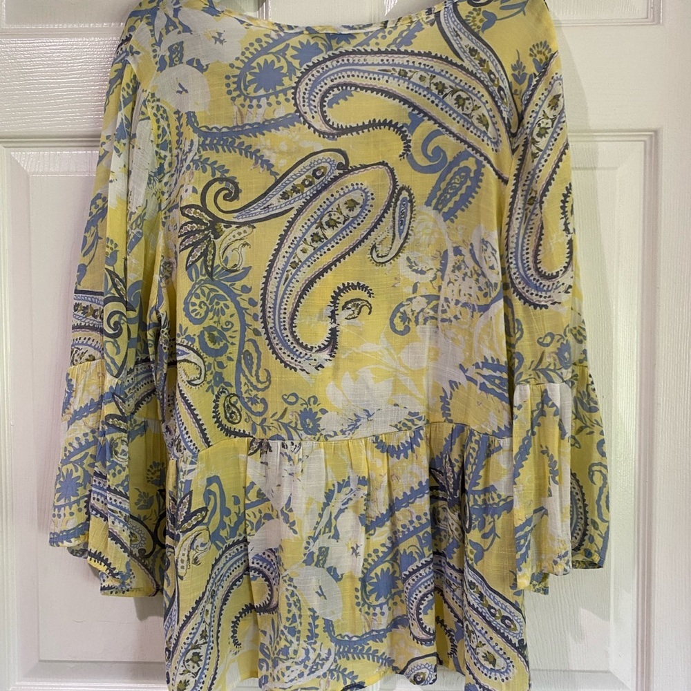 Unique Spectrum Blouse Women 1X Yellow Blue Paisley Button Front Babydoll Top - Picture 7 of 11